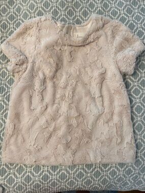 By Anthropologie Faux Fur Top Ivory Short Sleeve Boxy Fuzzy Zipper